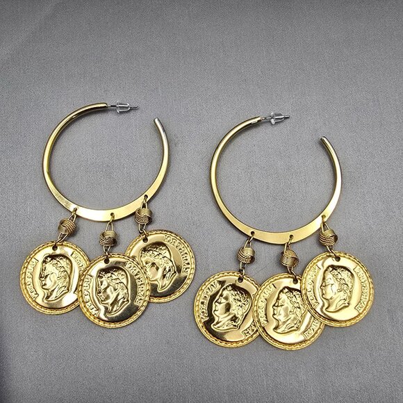 VTG Gold Coin Napoleon Empereur Dangle Hoop Post Earrings 3" Statement 1980s - Picture 3 of 10